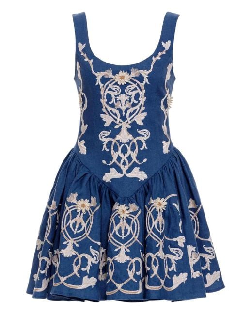 Agua Bendita Blue Pluma Embroidered Mini Dress