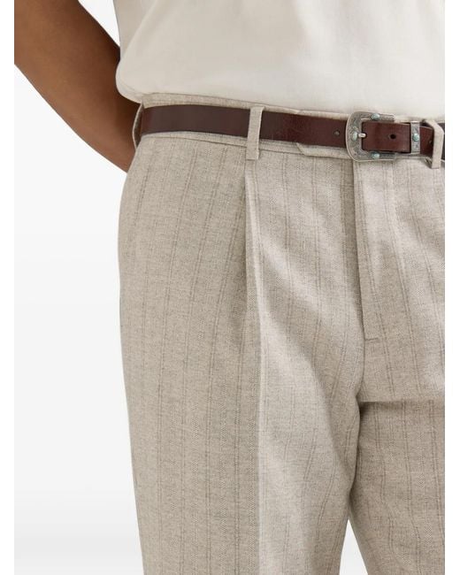 Brunello Cucinelli Natural Pinstripe Pleated Trousers for men