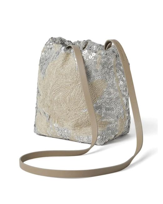 Brunello Cucinelli Natural Sequin-Embellished Linen Shoulder Bag