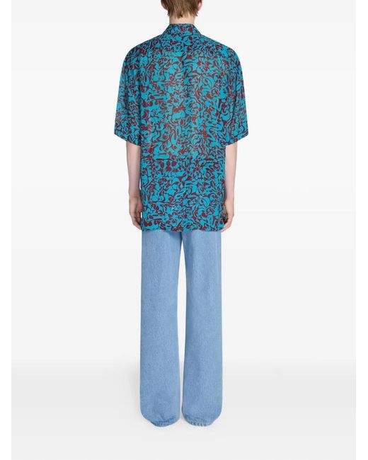 Dries Van Noten Blue Floral-Print Short-Sleeve Shirt for men