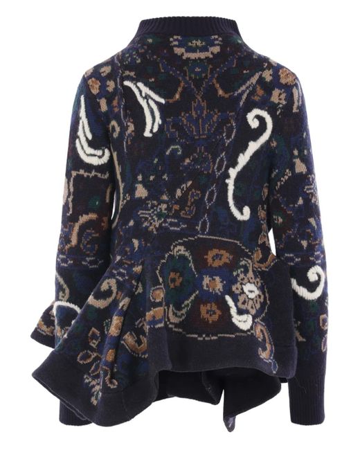 Sacai Blue Patterned Ruffled Wool Sweater
