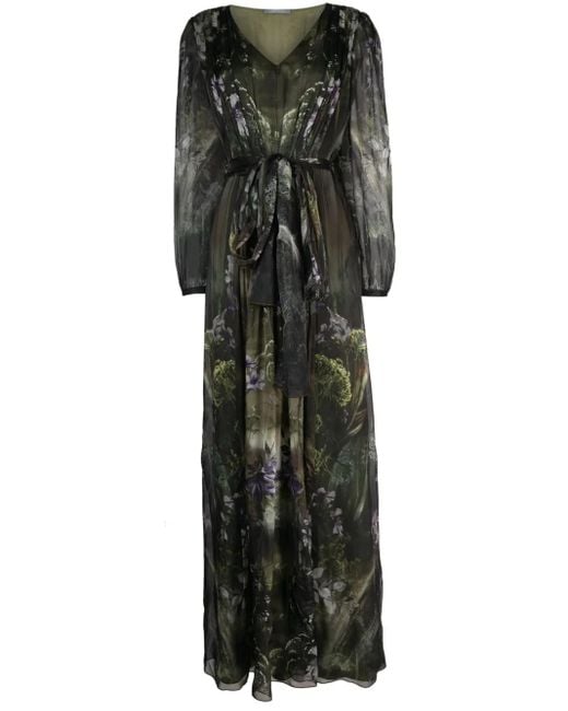 Alberta Ferretti Black Winter Garden-Print Silk Maxi Dress