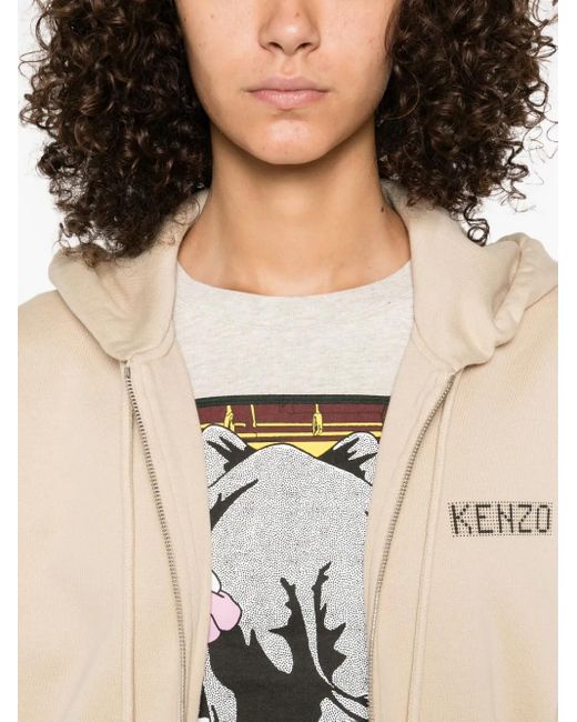 KENZO Natural Logo-Detail Zip-Up Hoodie
