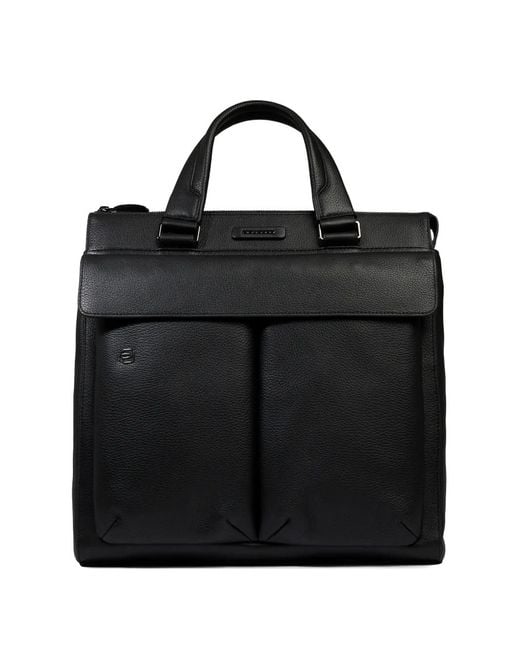 Piquadro Black Grained Leather Tote Bag for men
