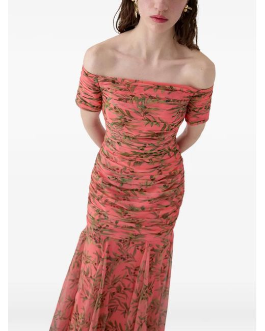 Carolina Herrera White Branch-Print Ruched Gown