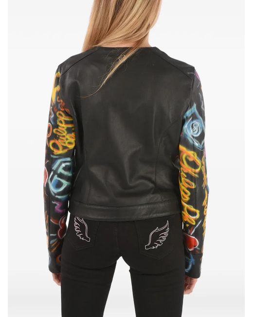 Philipp Plein Black Graffiti-Printed Leather Jacket