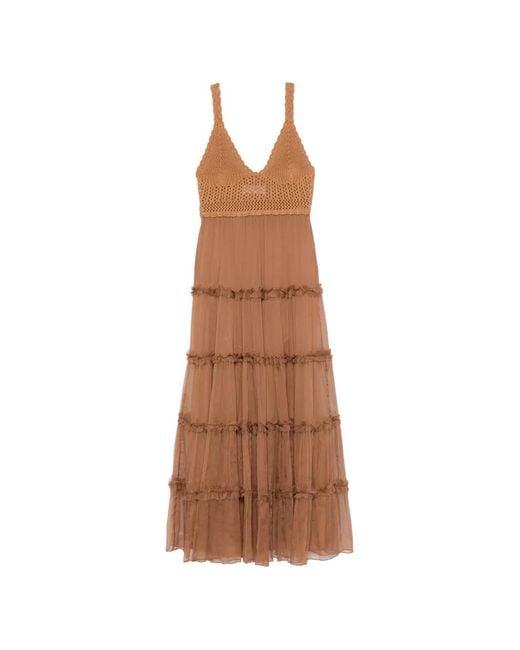 ERMANNO FIRENZE Brown Crochet Ruffled Maxi Dress
