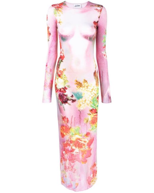 Jean Paul Gaultier The Pink Body Flower Trompe L'oeil Maxi Dress