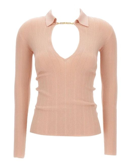 Elisabetta Franchi Pink Ribbed Polo-Neck Sweater