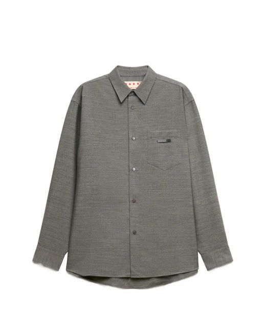 Marni Gray Logo-Patch Wool Shirt for men