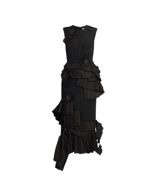 Erdem Black Embroidered Ruffled Dress