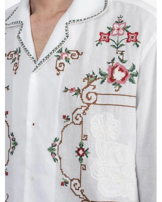 BAZISZT White Sena Floral-Embroidered Pocket Shirt for men