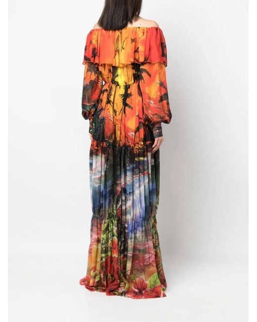 Philipp Plein Orange Printed Pleated Maxi Dress