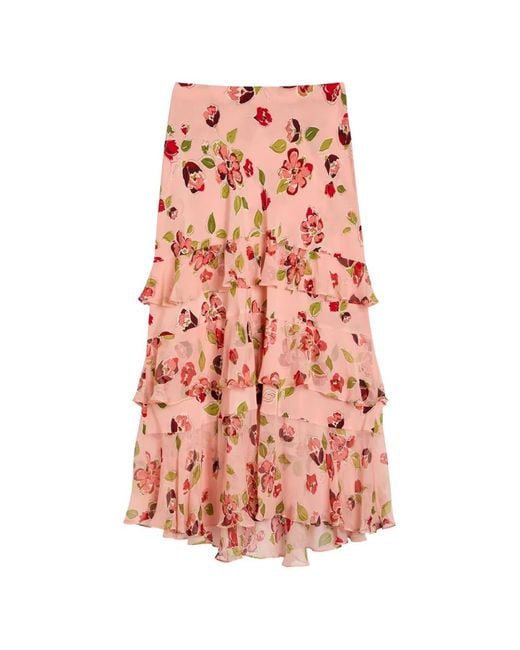 Rixo Pink Preslee Floral-Pattern Midi Skirt