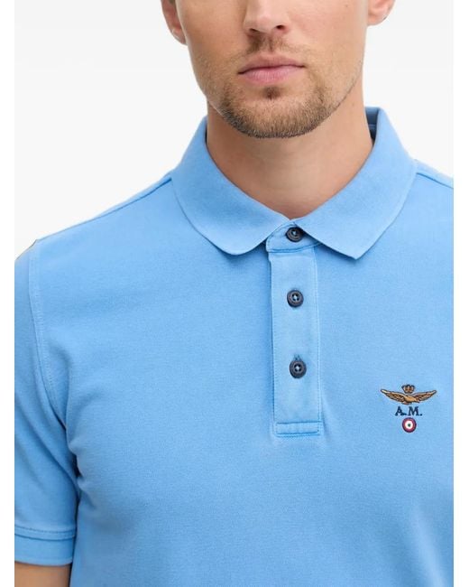 Aeronautica Militare Blue Logo-Embroidered Piqué Polo Shirt for men