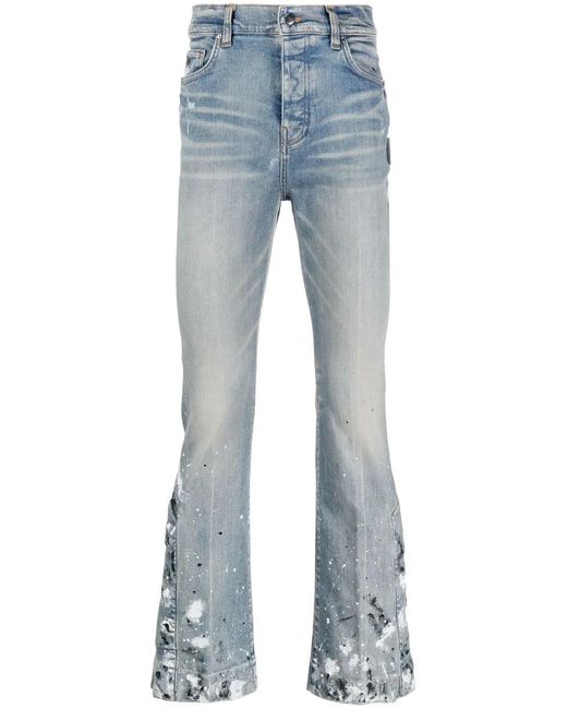 Amiri Blue Paint-splattered Flared-leg Stretch-denim Jeans for men