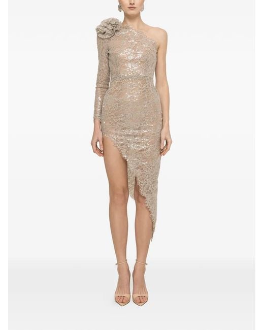Nissa Natural Sequin-Detail Lace Midi Dress