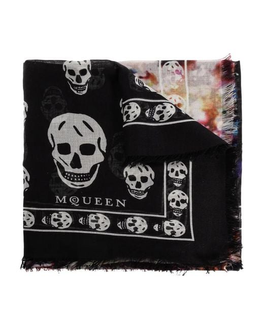Alexander McQueen Black Écharpe Frangée À Motif Tête De Mort for men