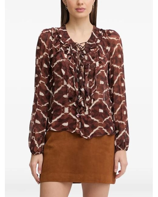 Pedro Del Hierro Madrid Brown Ruffled Patterned Top