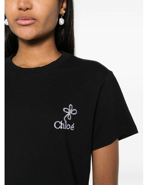 T-shirt en coton à logo brodé Chloé en coloris Black