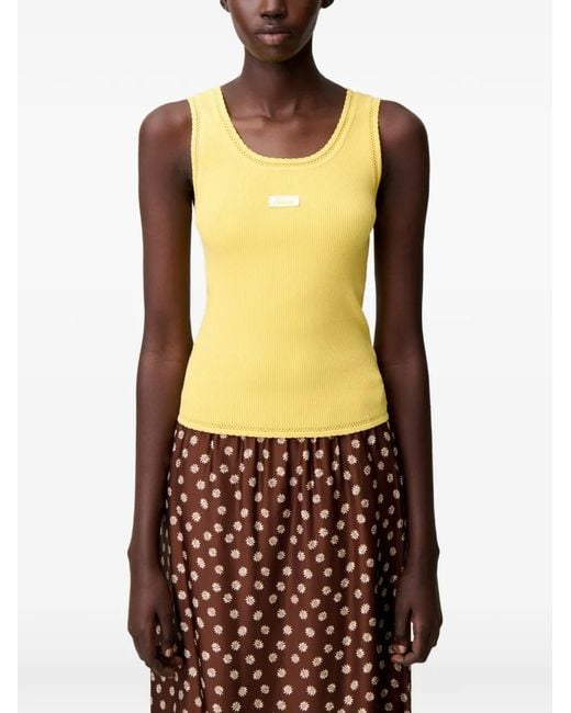 Claudie Pierlot Yellow Ribbed-Knit Logo-Patch Tank Top