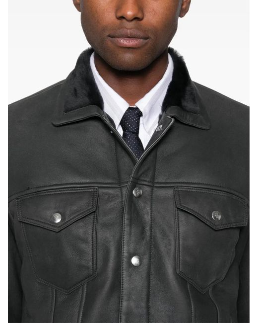 Eleventy Black Seam-Detail Leather Jacket for men