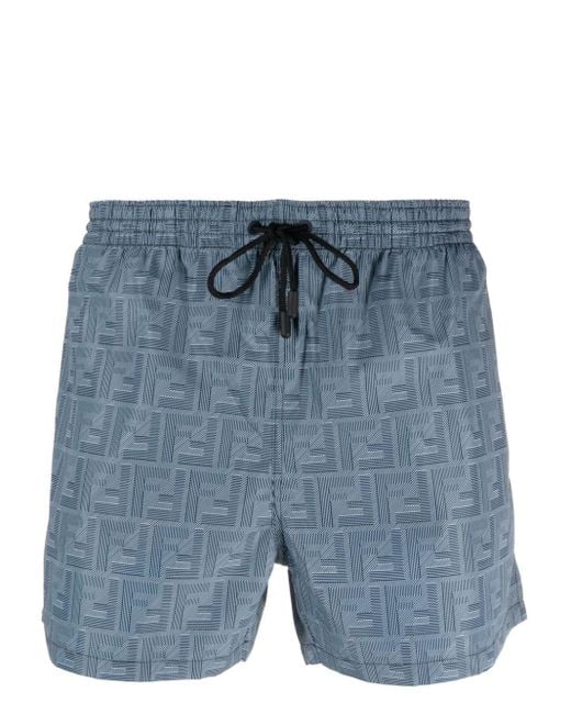 Fendi Blue Ff-print Drawstring Swim Shorts for men