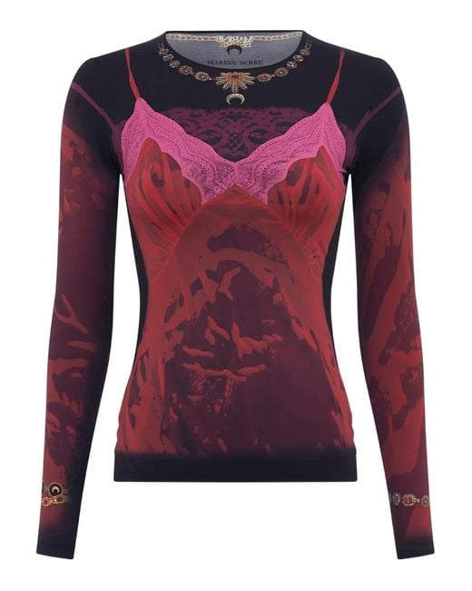 MARINE SERRE Red Printed Crew Neck Top