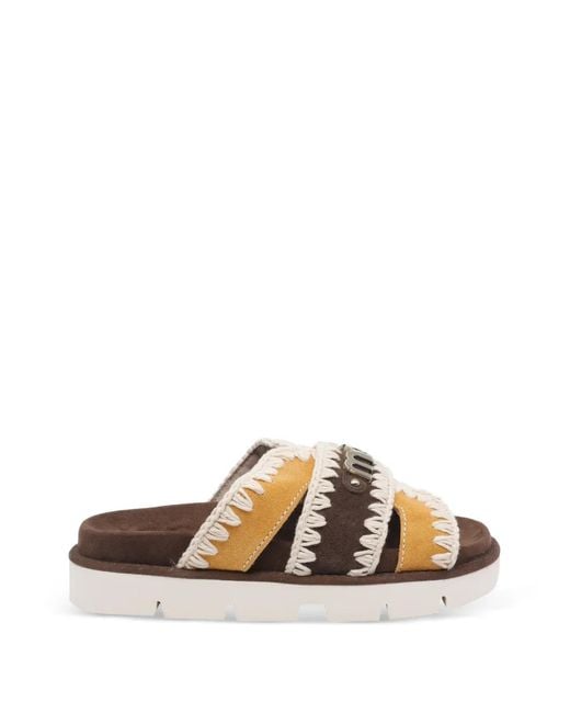 Mou White Bio Crochet-Trim Logo-Plaque Sandals