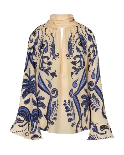 Johanna Ortiz Blue Ritmo Sol Ruffled Printed Blouse