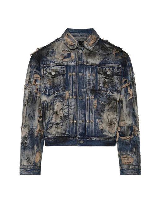 THUG CLUB Blue Hard-Washed Distressed Denim Jacket for men