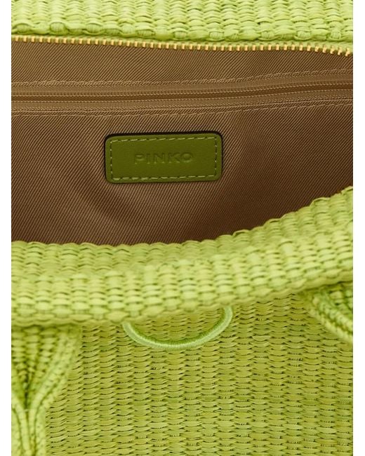 Pinko Green Love Birds Diamond Woven Tote Bag