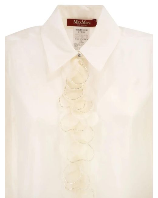 Max Mara White Silk Shirt With Jewel Button And Rhinestone Ruffles On The Front