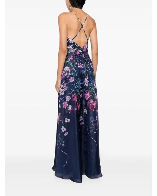 Marchesa Blue Ribbons Floral-Print Chiffon Gown