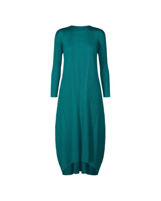 Pleats Please Issey Miyake Green Long-Sleeved Pleated Midi Dress