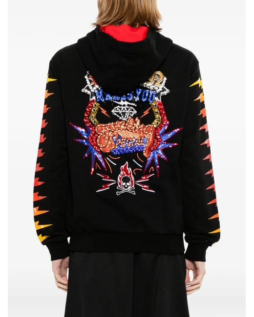 Philipp Plein Black Sequin-Embellished Graphic-Print Hoodie for men