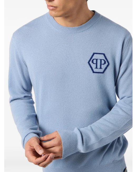 Philipp Plein Blue Jacquard Hexagon Roundneck Knitwear for men