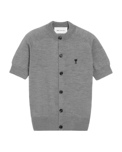 AMI Gray Embroidered Heart Round Collar Short Sleeve Sweater