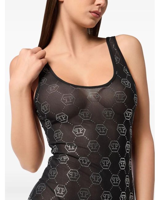 Philipp Plein Black Long Dress Monogram Strass
