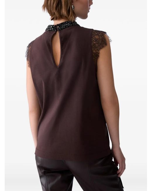 Liu Jo Brown Lace-Trim Rhinestone-Embellished T-Shirt