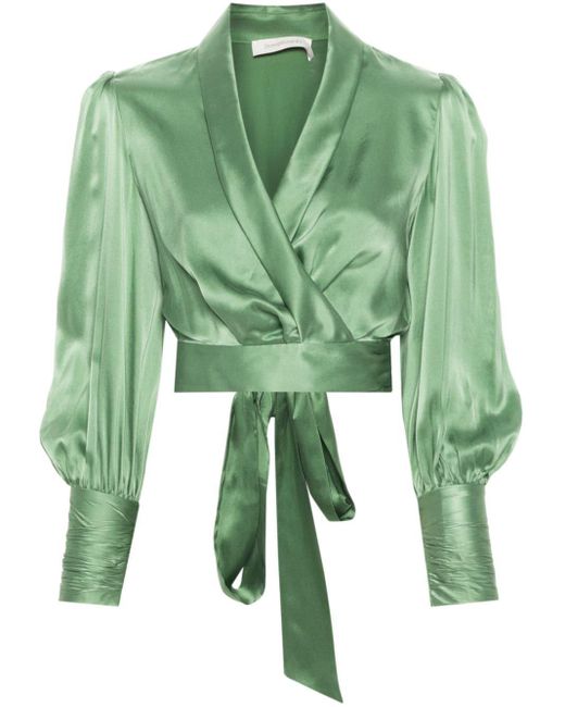 Zimmermann Green Silk Cropped Wrap Top