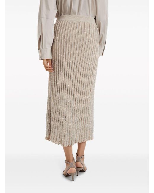 Brunello Cucinelli Natural Metallic-thread Knitted Midi Skirt