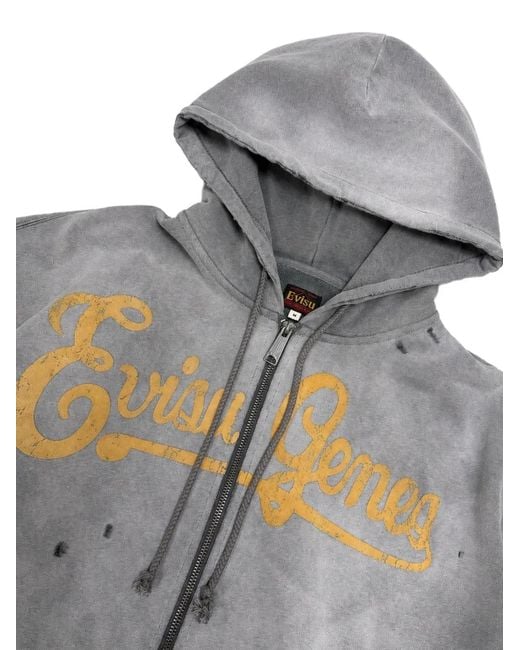 Evisu Gray Genes Logo Distressed Hoodie for men
