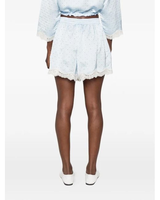 Sandro Blue Lace-Trim Rhinestone-Embellished Shorts