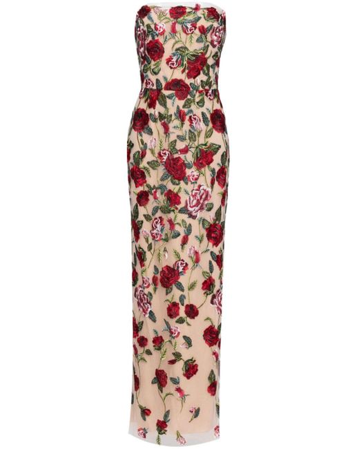 Marchesa Floral-Embroidered Tulle-Panels Gown