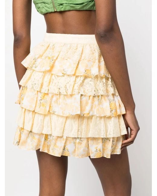 LoveShackFancy Natural Floral-Print Ruffled Miniskirt