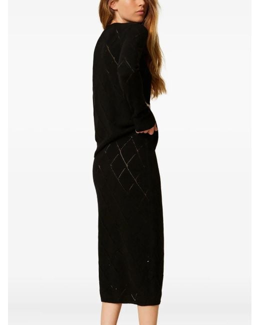 Twinset Black Diamond-Pattern Side-Split Skirt