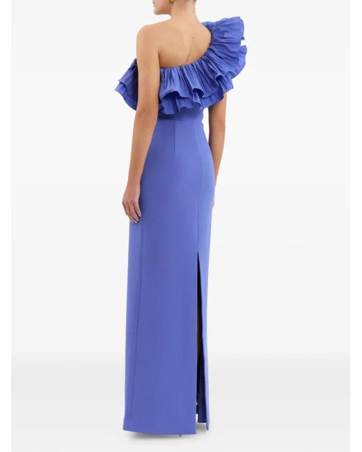 Rebecca Vallance Blue Asymmetrisches Maxikleid mit Rüschen