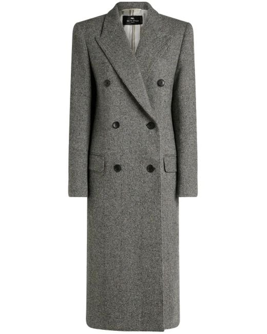 Etro Gray Double-Breasted Herringbone Coat