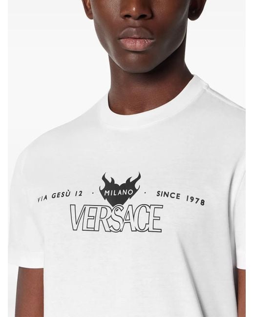 Versace White Graphic Print T-Shirt With Flame Motif for men